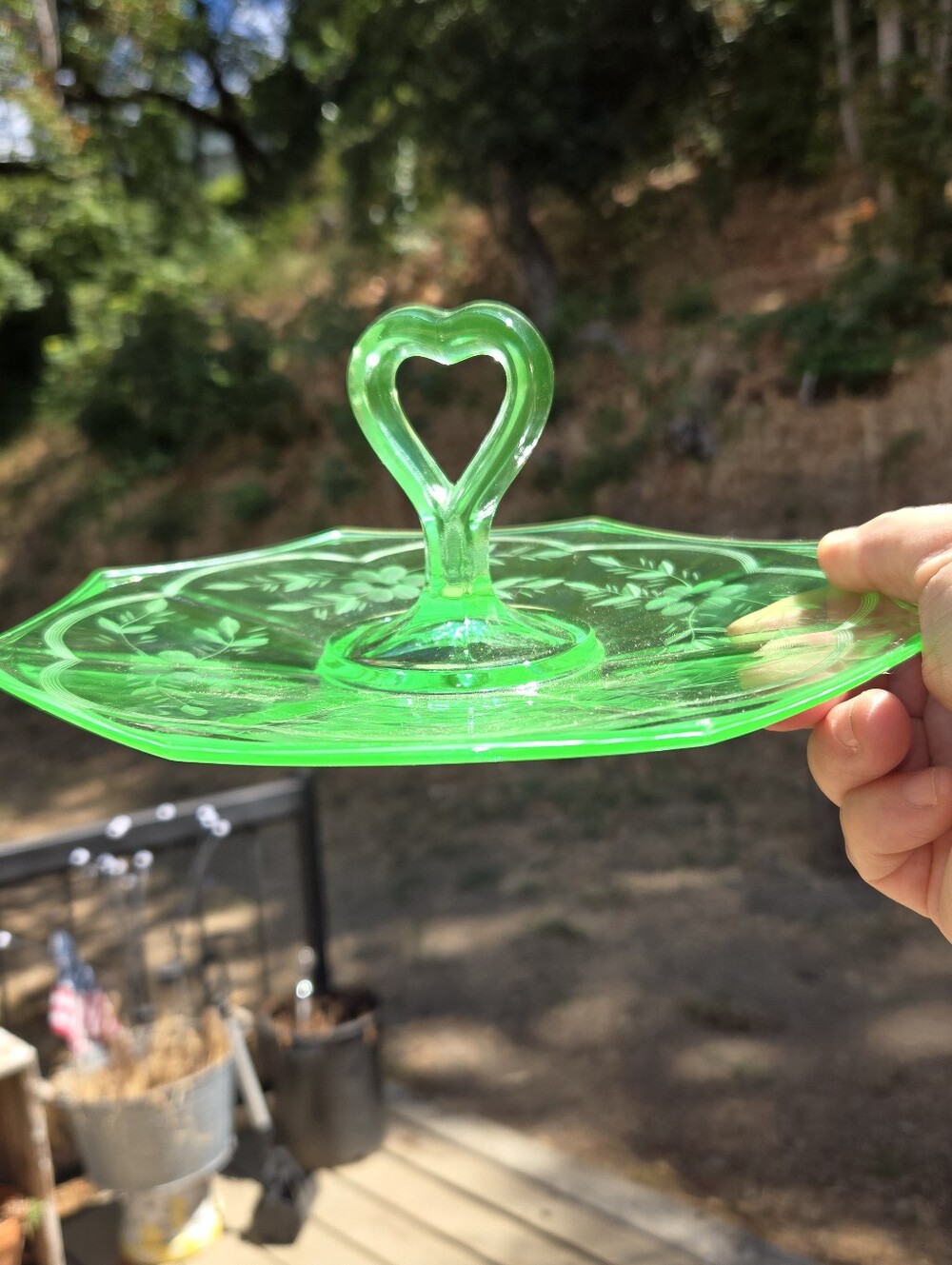 Vintage Green Floral Etched Glass Bon Bon Tid Bit Serving Plate